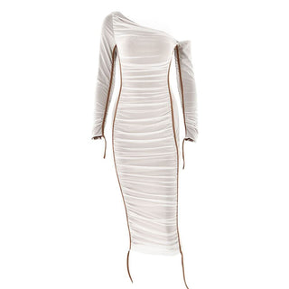 Long sleeve one shoulder ruched stitch mesh midi dress-final-sale