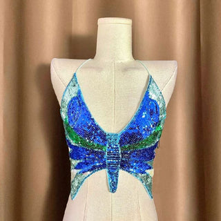 Halter glitter v neck butterfly pattern self tie crop top
