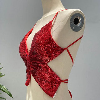 Deep V neck glitter cross back self tie cami top