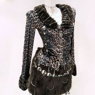 Leopard print long sleeve fluffy skull applique mini skirt set