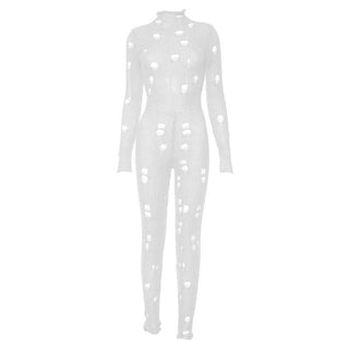 Crochet hollow out high neck lace up solid jumpsuit