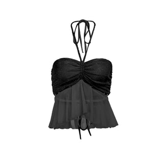 Halter drawstring ruched mesh glitter crop top
