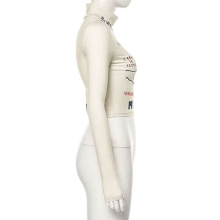 High neck print long sleeve contrast crop top