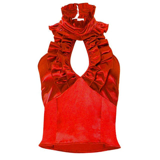 Halter ruffle ruched satin backless top