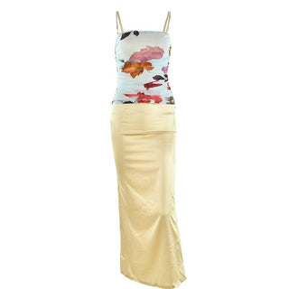 Ruched flower print zip-up square neck contrast slit maxi dress