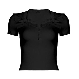 Short sleeve lace hem ribbed bowknot button crop top