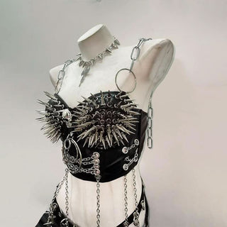 Skull o ring rivet PU leather metal chain cami top