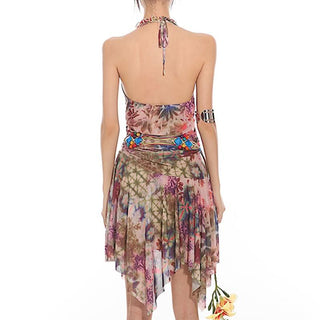 Halter self tie ruched print mesh v neck mini dress