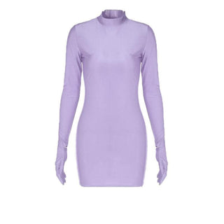 High neck long sleeve gloves solid mini dress