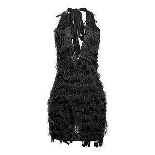 Deep V neck halter self tie backless zip-up mini dress