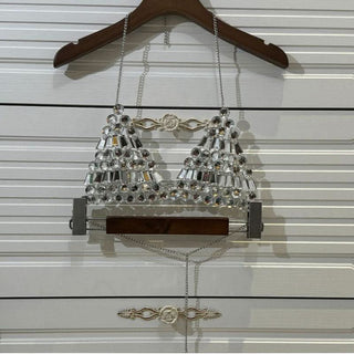 Halter metal chain beaded v neck top