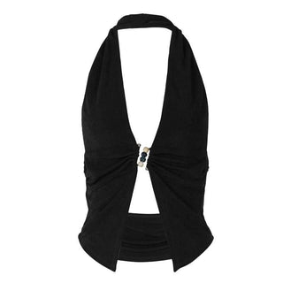 Halter deep V neck beaded ruched slit top