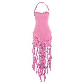 Halter ruffle sweetheart neck solid midi dress
