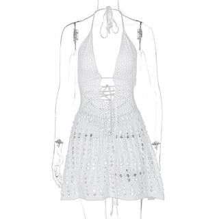 Halter knitted deep V neck see through mini dress