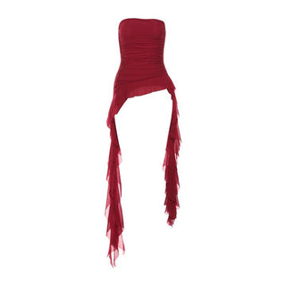 Ruffle mesh ruched irregular solid tube top