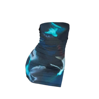 Ruched print contrast backless abstract tube mini dress