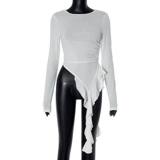 Long sleeve ruched irregular ruffle crewneck top