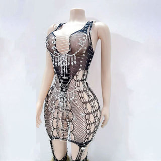 Skull fishnet metal chain suspender mini dress