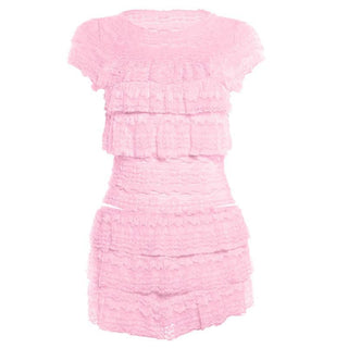 Crewneck ruffle lace ruched cap sleeve pant set