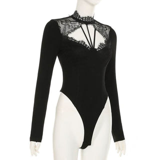 Long sleeve lace hem hollow out bodysuit