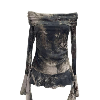 Long sleeve mesh print off shoulder ruched top