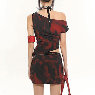 Irregular print ruched one shoulder contrast top