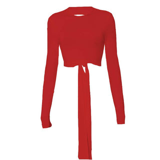 Self tie backless solid long sleeve crewneck top