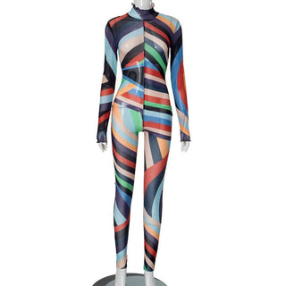 High neck long sleeve ruffle sheer mesh print jumpsuit
