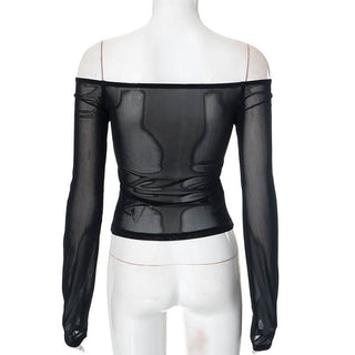 Off shoulder long sleeve character print mesh top