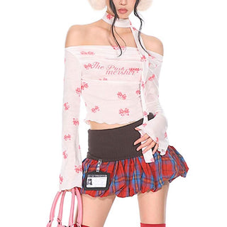 Long sleeve bowknot print ruffle off shoulder top