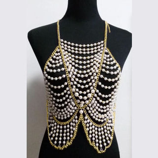 Metal chain beaded hollow out u neck backless cut out top