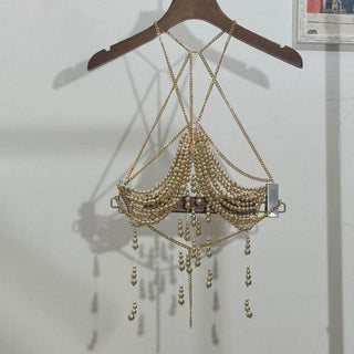 Metal chain beaded hollow out backless cut out top