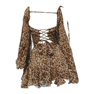 Long puff sleeve mesh print ruched mini dress