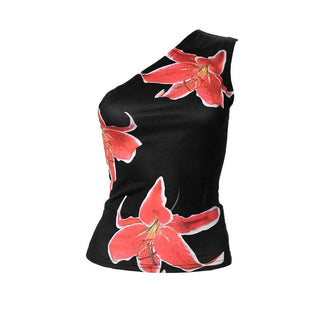One shoulder ruched print backless top
