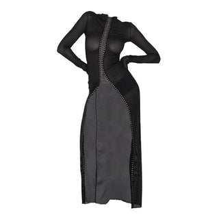 Long sleeve hollow out mesh solid cut out maxi dress