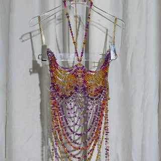 Metal chain halter beaded backless contrast top