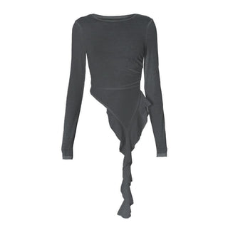 Long sleeve ruched irregular ruffle crewneck top