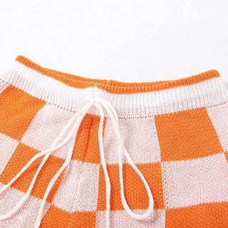 Turnover collar button drawstring plaid knitted pant set