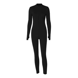 Ribbed gloves solid long sleeve zip-up jumpsuit