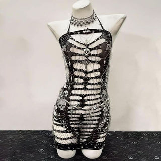 Hollow out metal chain skull applique see through cut out top