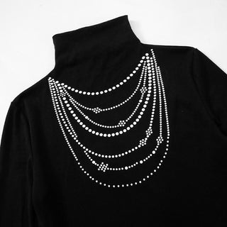 Long sleeve high neck beaded print contrast top