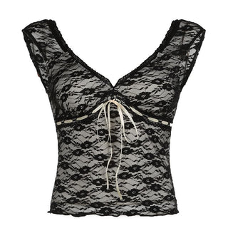 Cap sleeve v neck lace knotted backless top