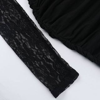 Halter self tie hollow out lace ruched cut out mini dress