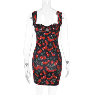 V neck cherry print backless mini dress