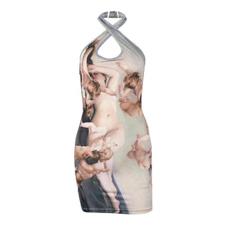 Halter ruched hollow out print backless cut out mini dress