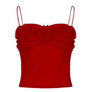 Ruched ruffle sheer mesh cami top