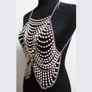 Metal chain beaded hollow out u neck backless cut out top