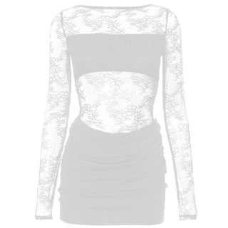 Long sleeve lace crewneck patchwork ruched mini dress