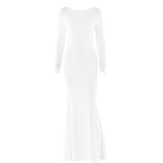 Long sleeve round neck ruched backless maxi dress