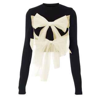 Long sleeve crewneck bowknot mesh contrast top
